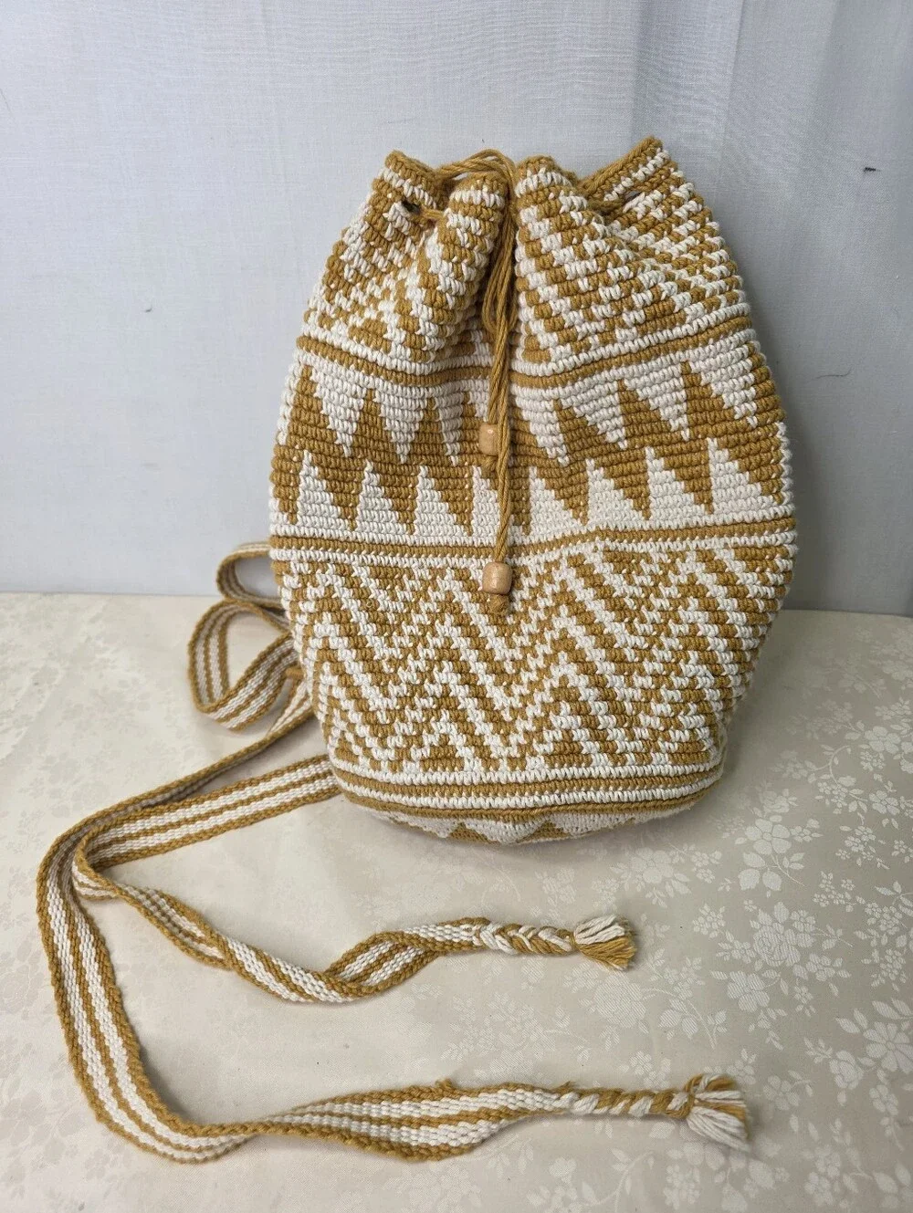 Unique Batik Guatemala Crocheted Drawstring Backpack Mustard Yellow Boho Bucket
